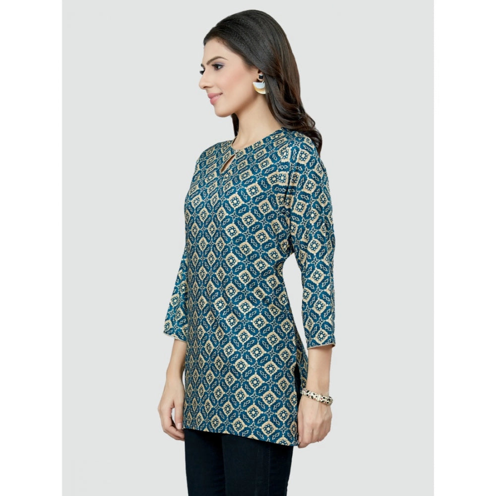 Women's Casual 3/4 Sleeves Printed Rayon Short Top (Blue) - GillKart