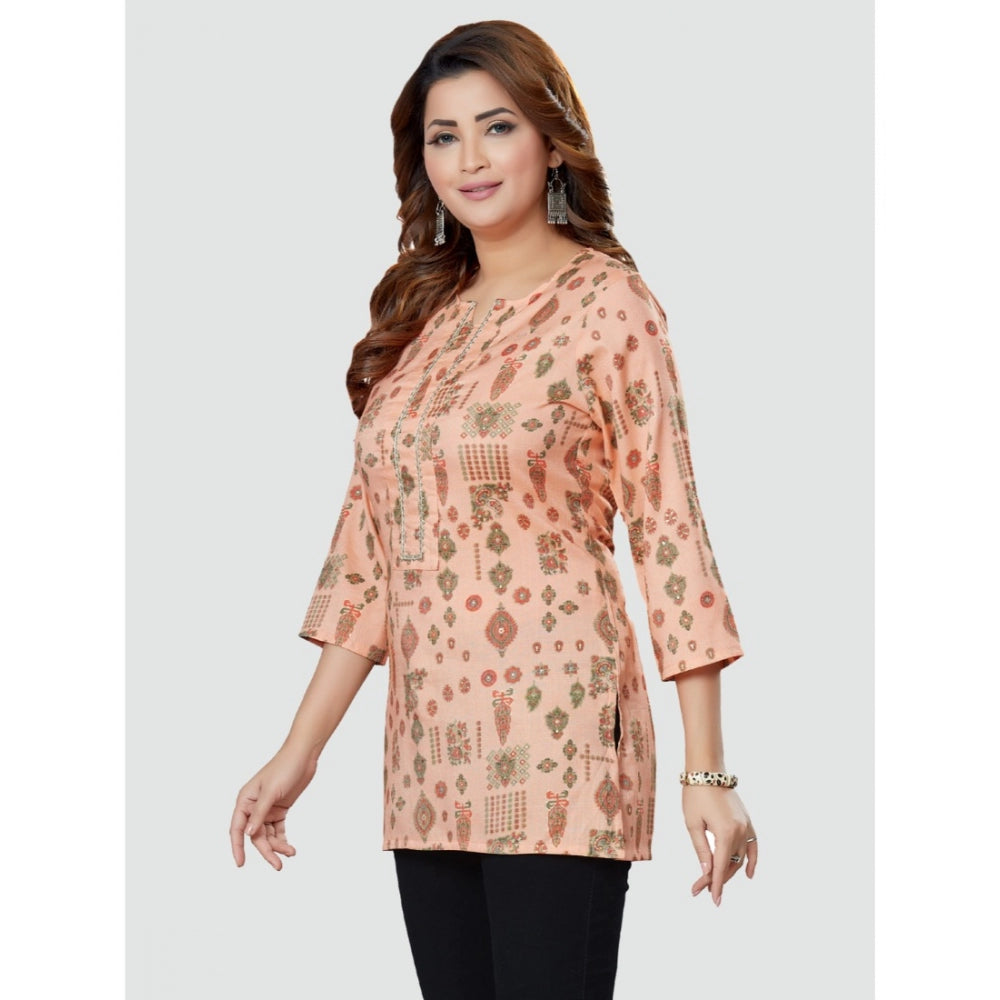 Women's Casual 3/4 Sleeves Printed Rayon Short Top (Peach) - GillKart