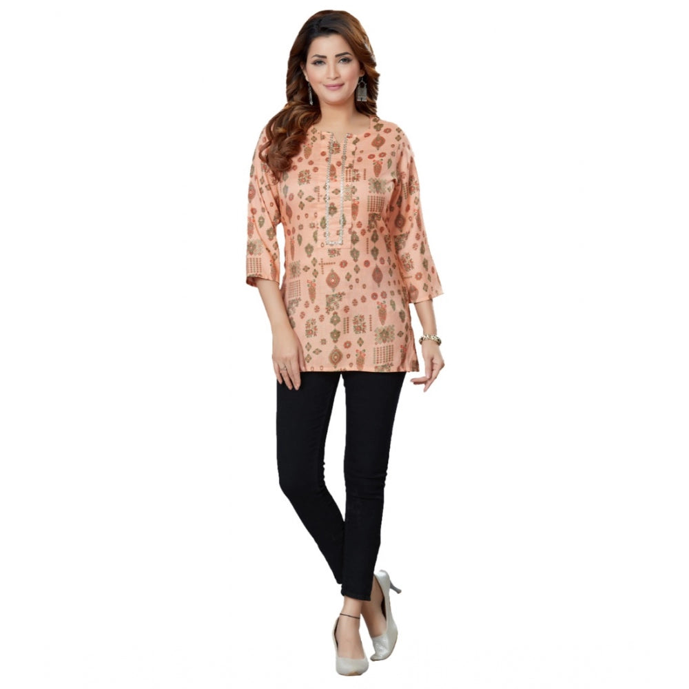 Women's Casual 3/4 Sleeves Printed Rayon Short Top (Peach) - GillKart