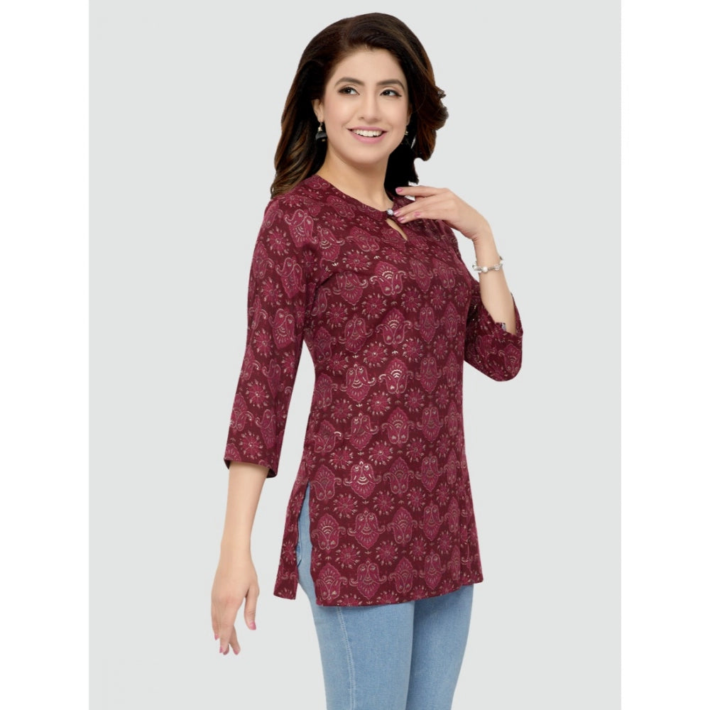 Women's Casual 3/4 Sleeves Printed Rayon Short Top (Maroon) - GillKart