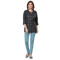 Women's Casual 3/4 Sleeves Printed Rayon Short Top (Black) - GillKart