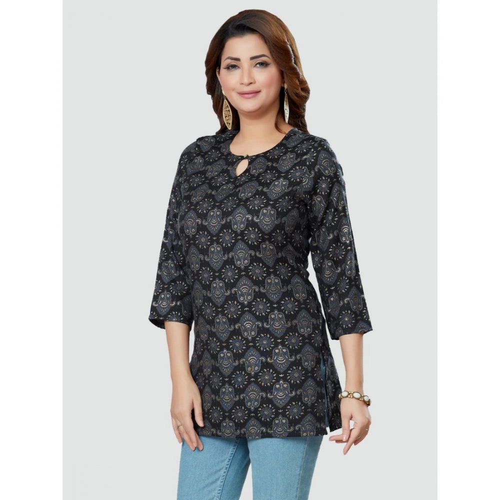 Women's Casual 3/4 Sleeves Printed Rayon Short Top (Black) - GillKart