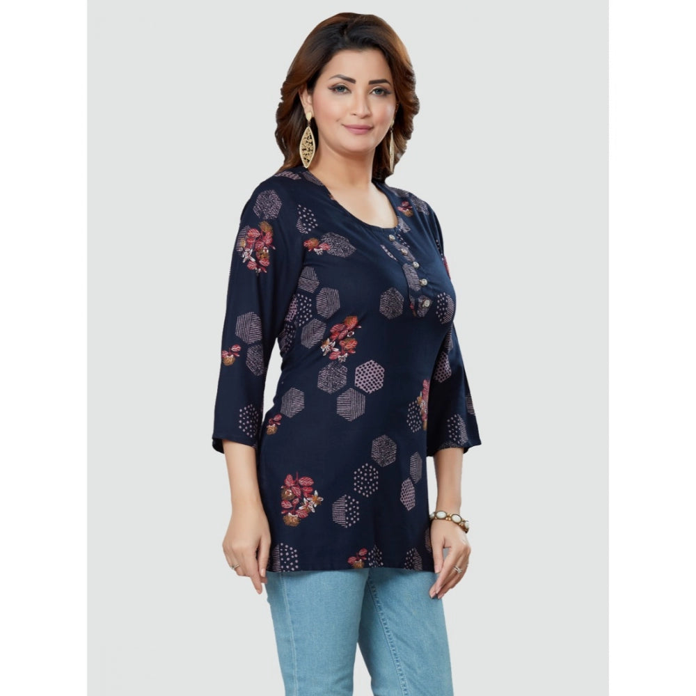 Women's Casual 3/4 Sleeves Printed Rayon Short Top (Navy Blue) - GillKart