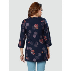 Women's Casual 3/4 Sleeves Printed Rayon Short Top (Navy Blue) - GillKart