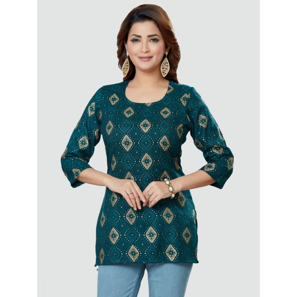 Women's Casual 3/4 Sleeves Printed Rayon Short Top (Green) - GillKart