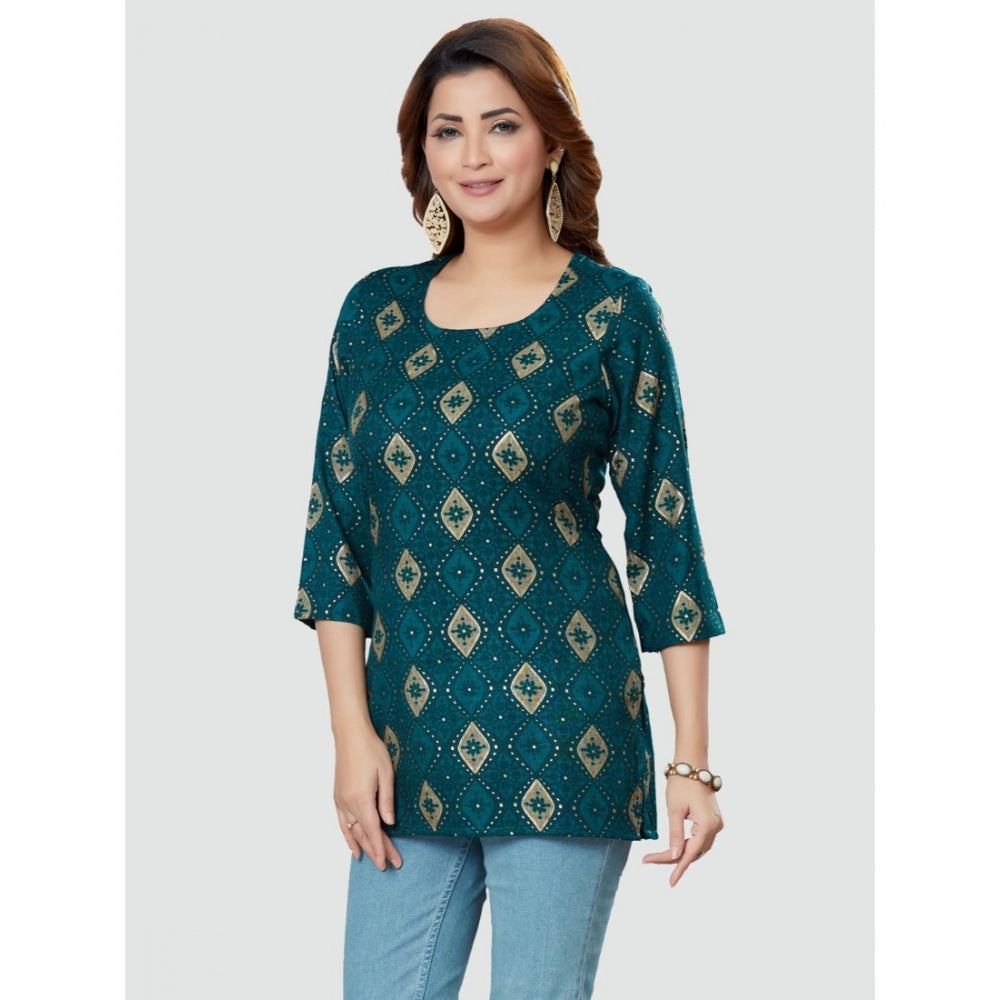 Women's Casual 3/4 Sleeves Printed Rayon Short Top (Green) - GillKart