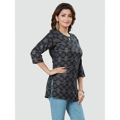 Women's Casual 3/4 Sleeves Printed Rayon Short Top (Black) - GillKart