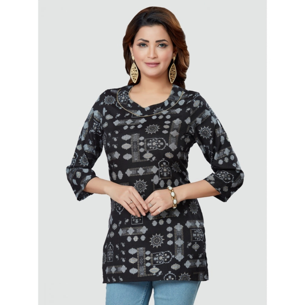 Women's Casual 3/4 Sleeves Printed Rayon Short Top (Black) - GillKart