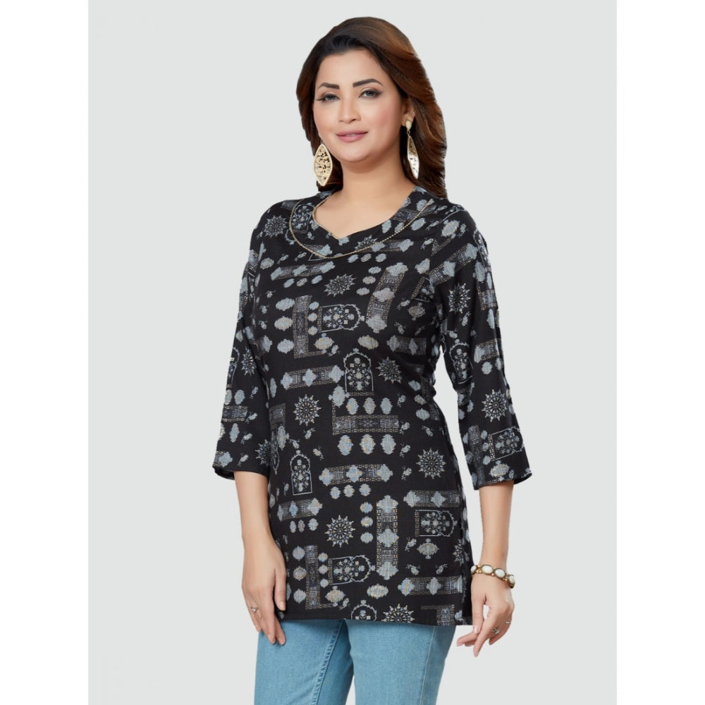 Women's Casual 3/4 Sleeves Printed Rayon Short Top (Black) - GillKart