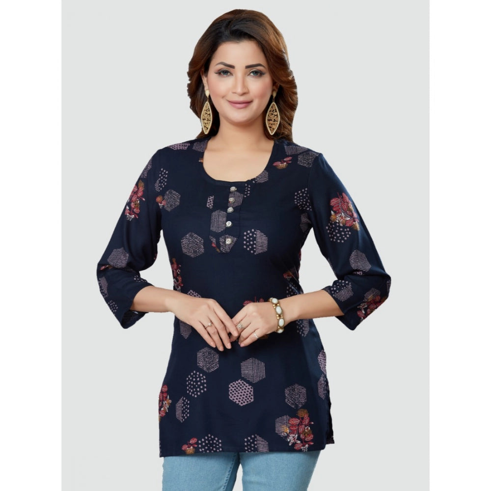 Women's Casual 3/4 Sleeves Printed Rayon Short Top (Navy Blue) - GillKart