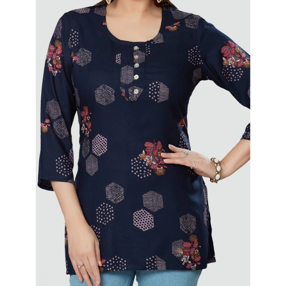 Women's Casual 3/4 Sleeves Printed Rayon Short Top (Navy Blue) - GillKart