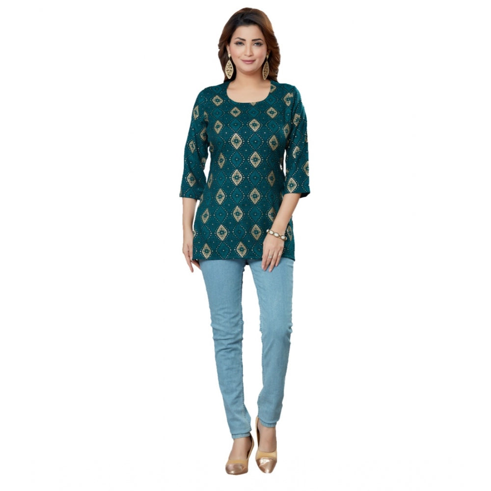 Women's Casual 3/4 Sleeves Printed Rayon Short Top (Green) - GillKart