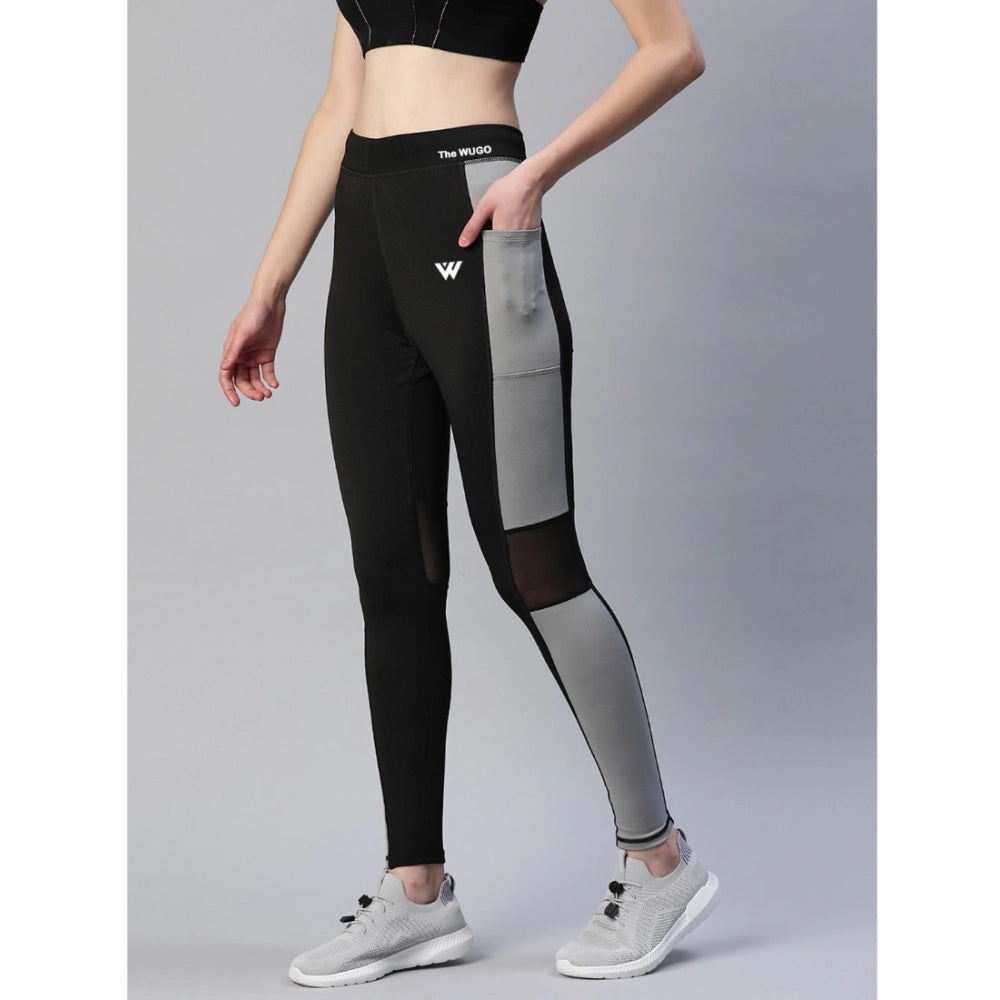 Women's Polyster Soild Sport Leggings (Black &amp; Grey) - GillKart