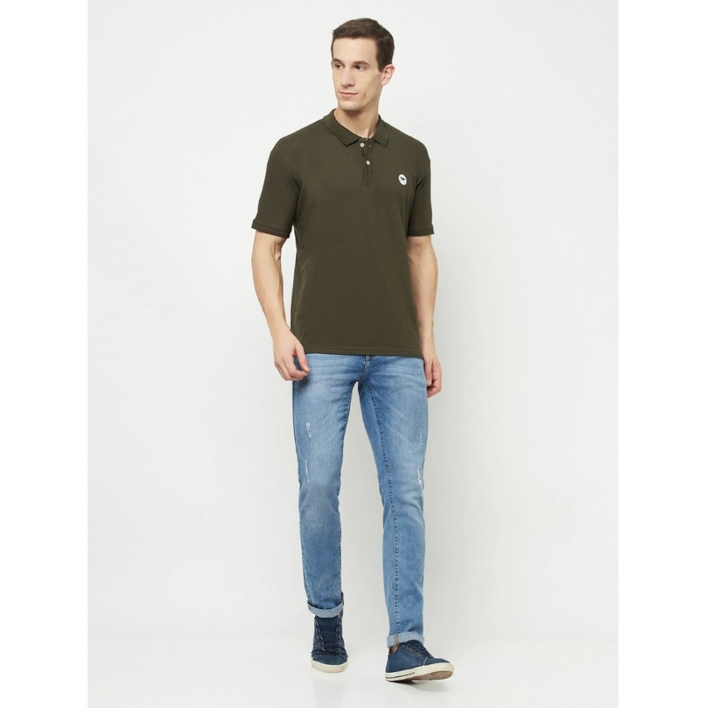 Men's Casual Solid Cotton Blend Polo Neck T-shirt (Dark Green) - GillKart