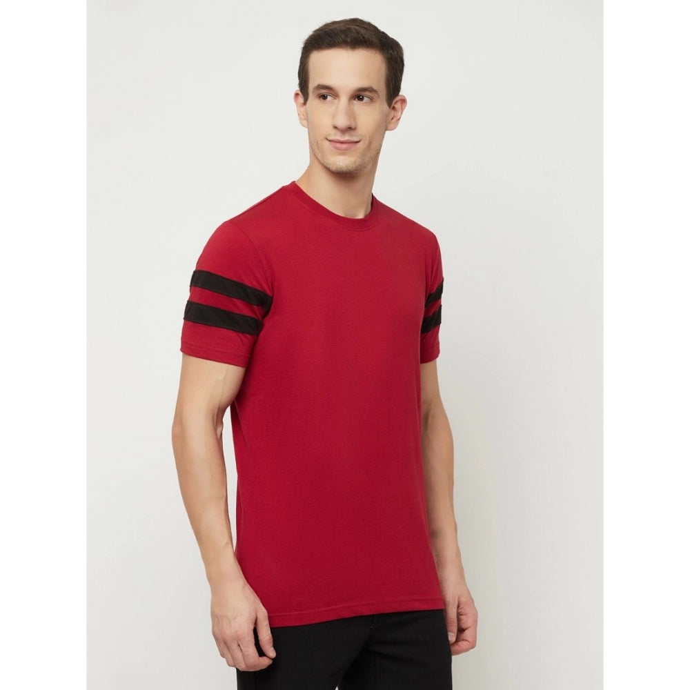 Men's Casual Colorblock Cotton Blend Round Neck T-shirt (Maroon) - GillKart