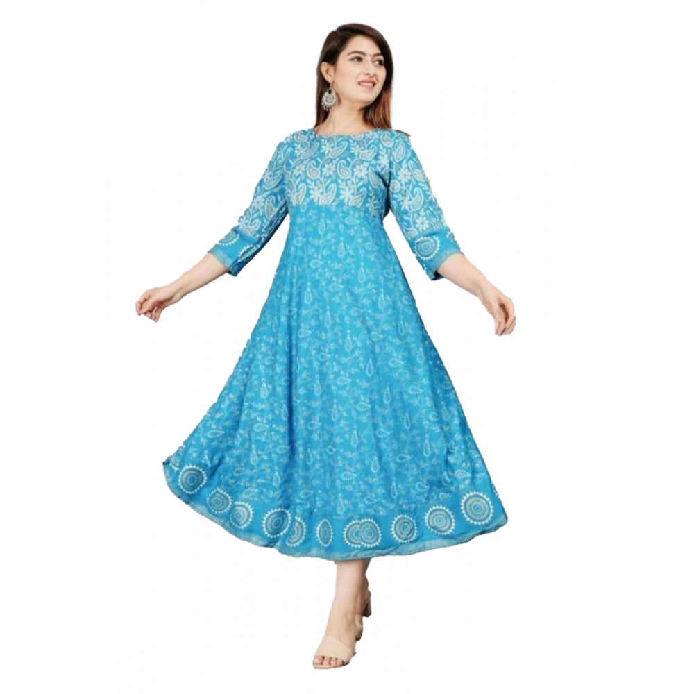 Women's Casual 3/4 Sleeve Printed Rayon Anarkali Gown (Blue) - GillKart