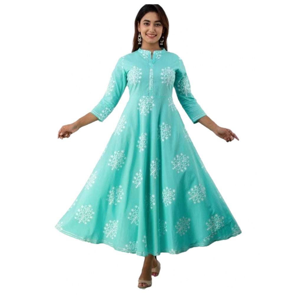 Women's Casual 3/4 Sleeve Printed Rayon Anarkali Gown (Turquoise Green) - GillKart