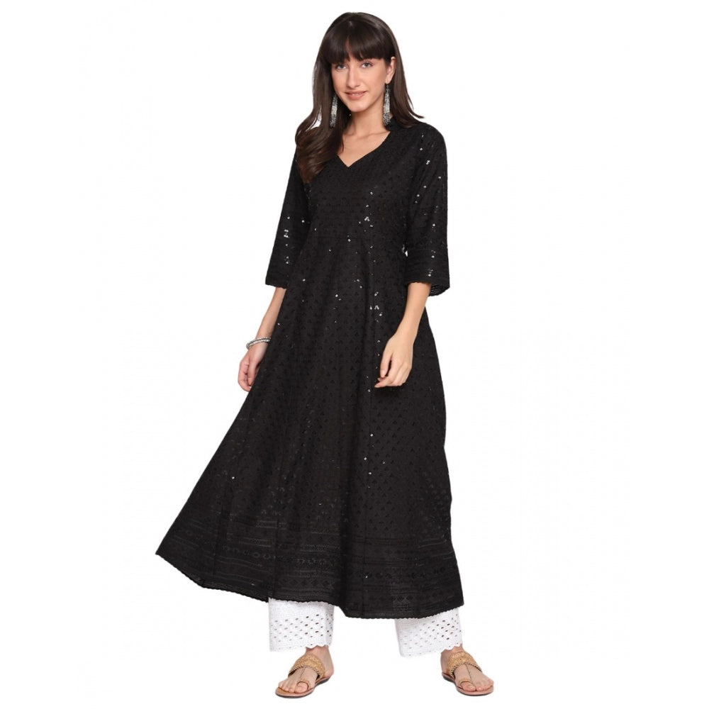 Women's Casual 3/4th Sleeve Chikan Embroidery Cotton Kurti (Black) - GillKart