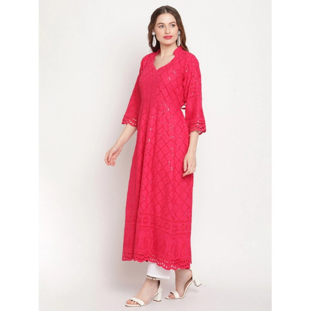 Women's Casual 3/4th Sleeve Embroidered Cotton Kurti (Magenta) - GillKart