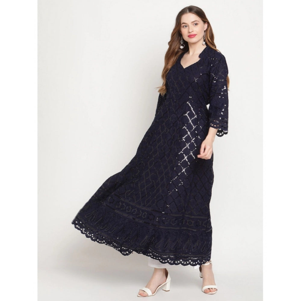 Women's Casual 3/4th Sleeve Embroidered Cotton Kurti (Navy Blue) - GillKart