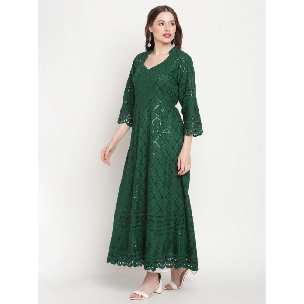 Women's Casual 3/4th Sleeve Embroidered Cotton Kurti (Dark Green) - GillKart