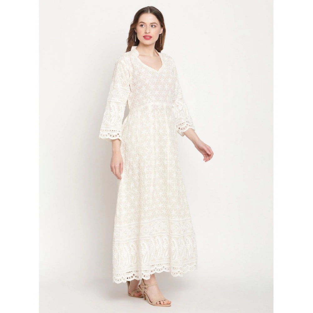 Women's Casual 3/4th Sleeve Embroidered Cotton Kurti (White) - GillKart