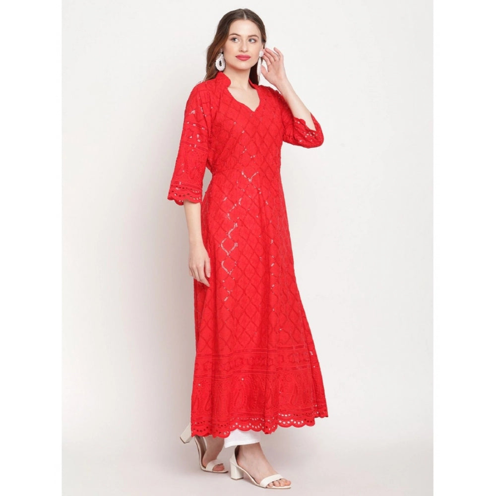 Women's Casual 3/4th Sleeve Embroidered Cotton Kurti (Red) - GillKart