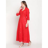 Women's Casual 3/4th Sleeve Embroidered Cotton Kurti (Red) - GillKart