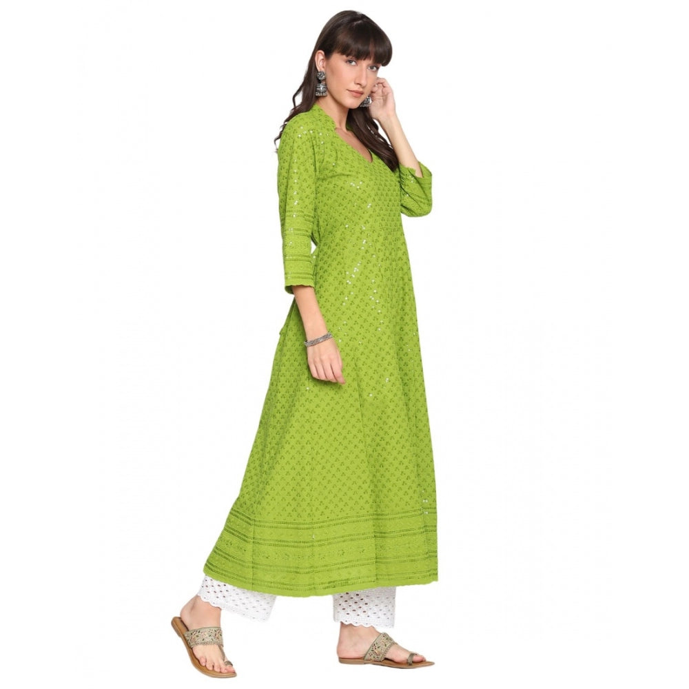 Women's Casual 3/4th Sleeve Chikan Embroidery Cotton Kurti (Green) - GillKart