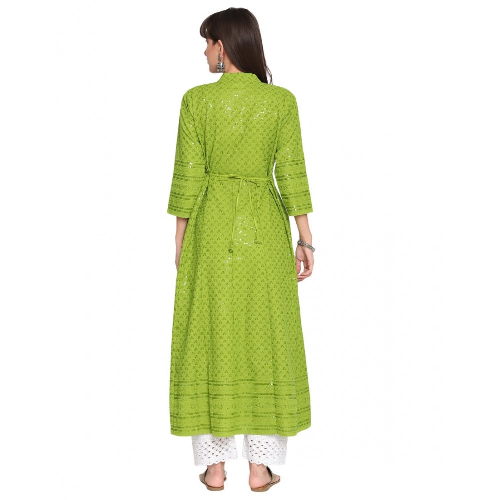 Women's Casual 3/4th Sleeve Chikan Embroidery Cotton Kurti (Green) - GillKart