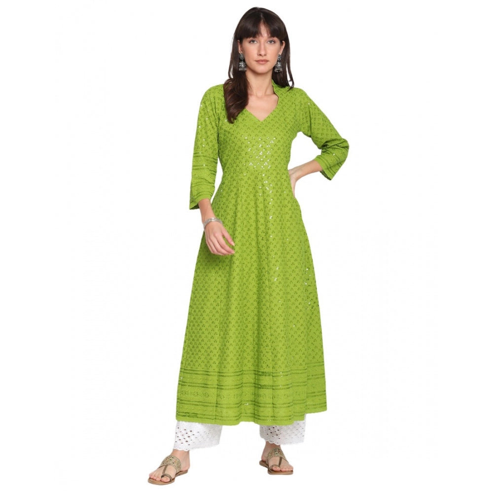 Women's Casual 3/4th Sleeve Chikan Embroidery Cotton Kurti (Green) - GillKart