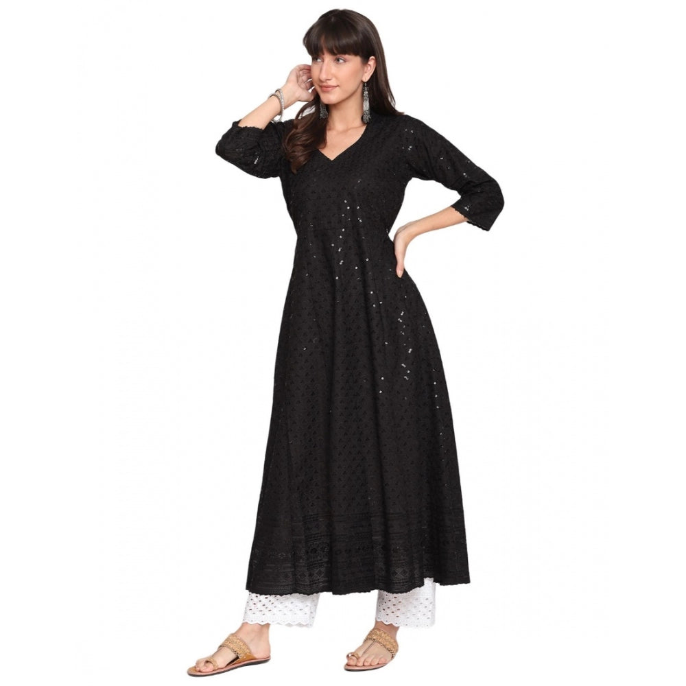 Women's Casual 3/4th Sleeve Chikan Embroidery Cotton Kurti (Black) - GillKart