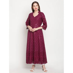 Women's Casual 3/4th Sleeve Embroidered Cotton Kurti (Purple) - GillKart