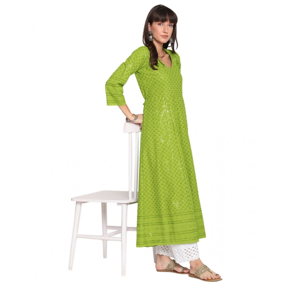 Women's Casual 3/4th Sleeve Chikan Embroidery Cotton Kurti (Green) - GillKart