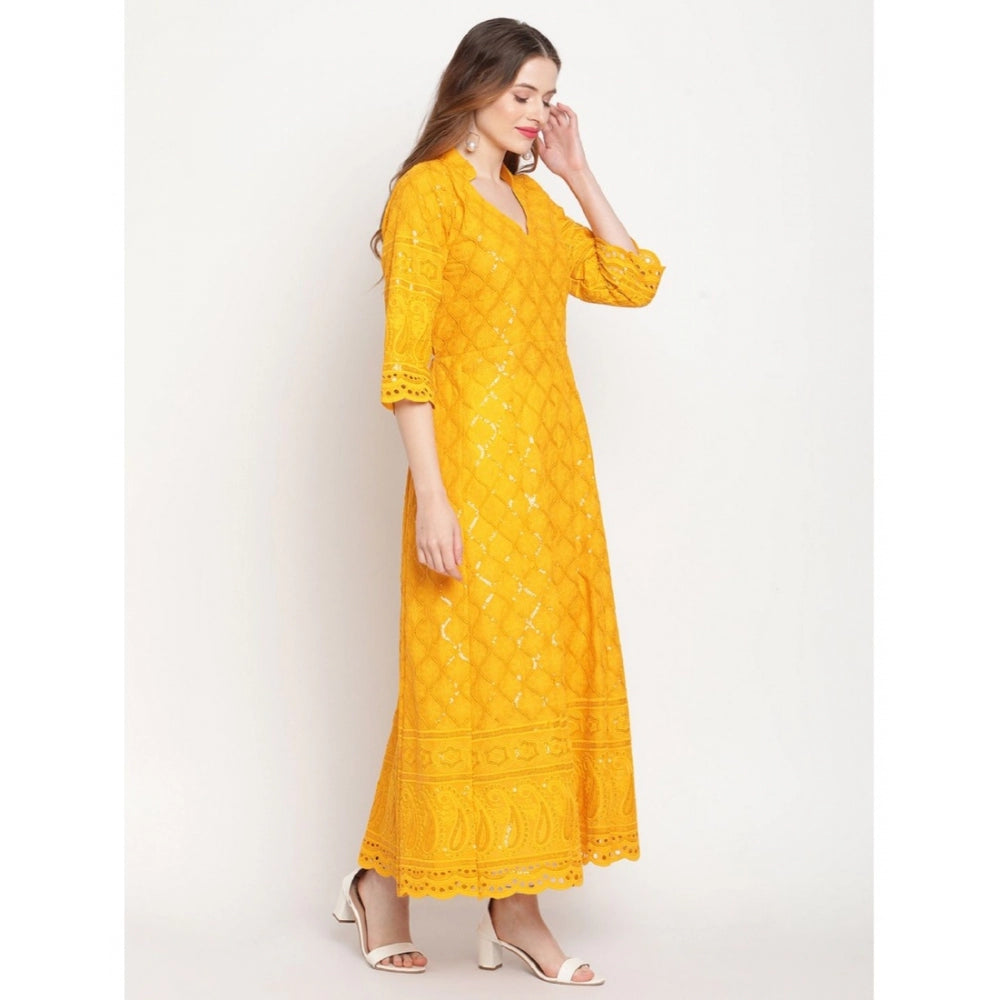 Women's Casual 3/4th Sleeve Embroidered Cotton Kurti (Mustard) - GillKart