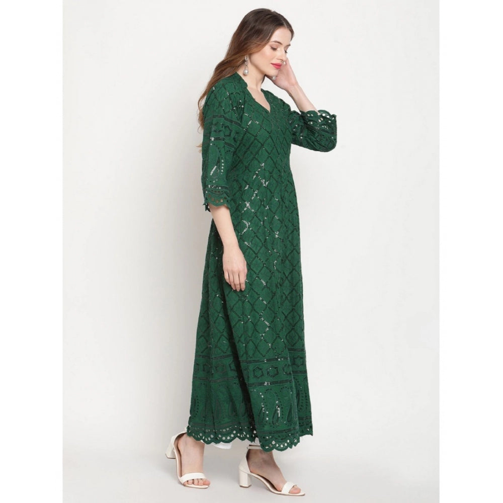 Women's Casual 3/4th Sleeve Embroidered Cotton Kurti (Dark Green) - GillKart