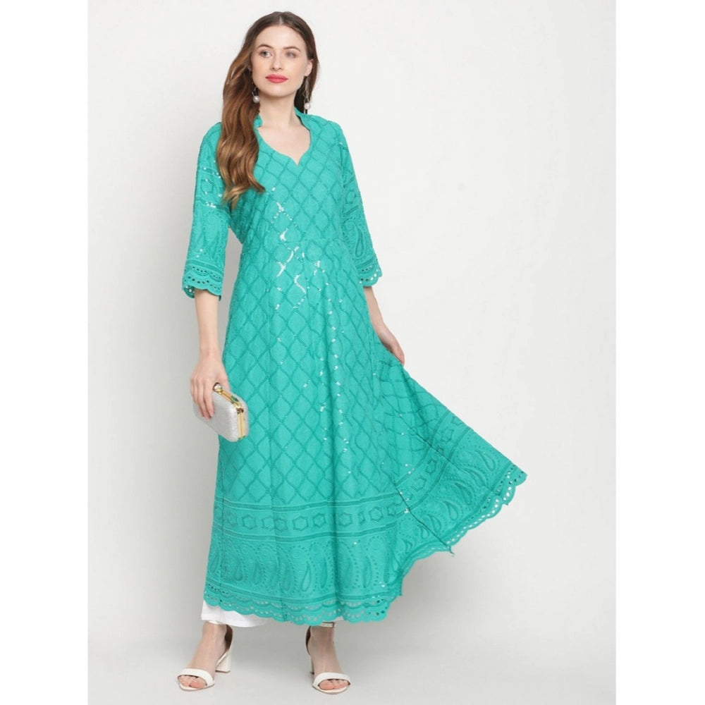 Women's Casual 3/4th Sleeve Embroidered Cotton Kurti (Blue) - GillKart