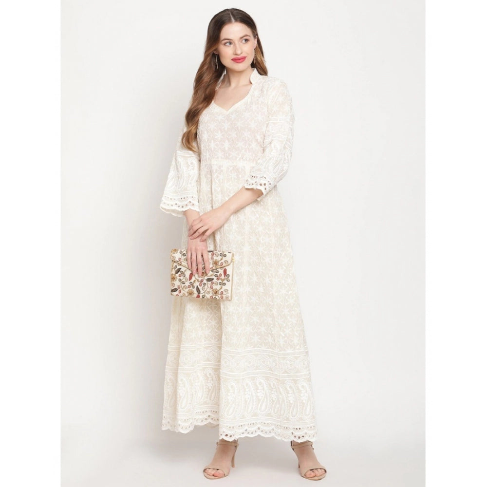 Women's Casual 3/4th Sleeve Embroidered Cotton Kurti (White) - GillKart