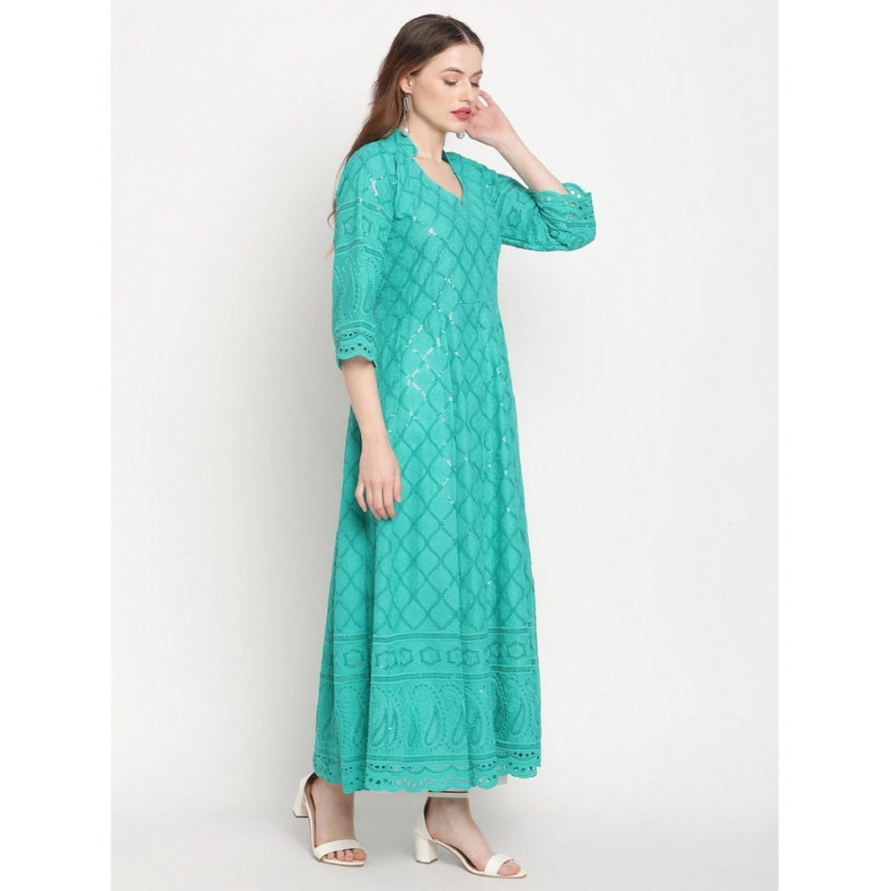 Women's Casual 3/4th Sleeve Embroidered Cotton Kurti (Blue) - GillKart