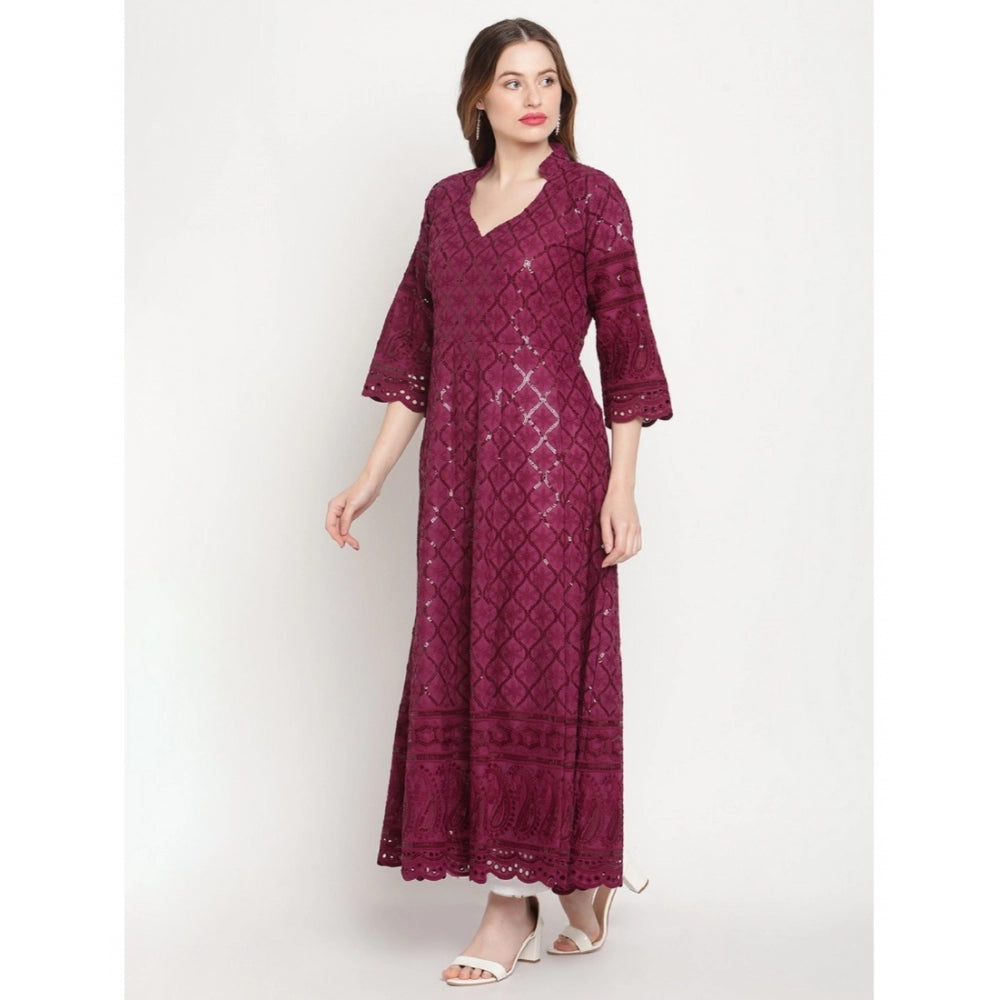 Women's Casual 3/4th Sleeve Embroidered Cotton Kurti (Purple) - GillKart