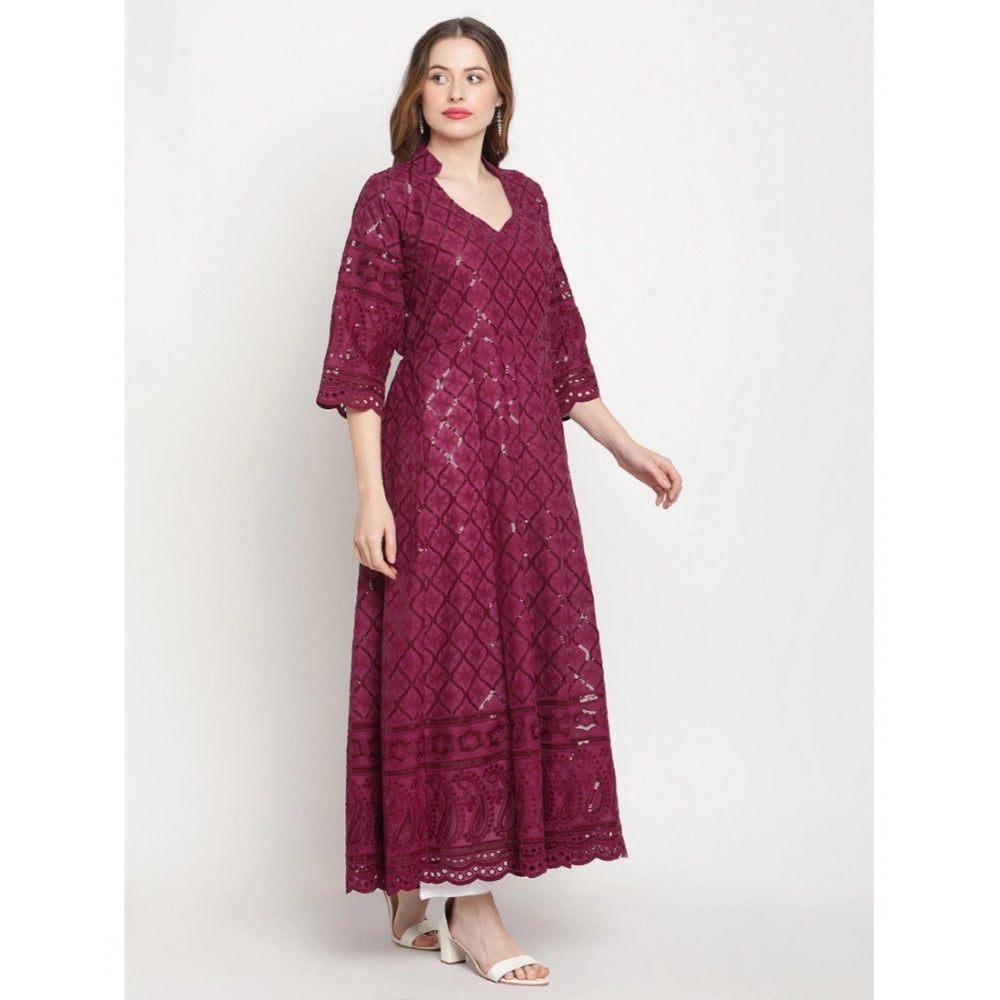 Women's Casual 3/4th Sleeve Embroidered Cotton Kurti (Purple) - GillKart