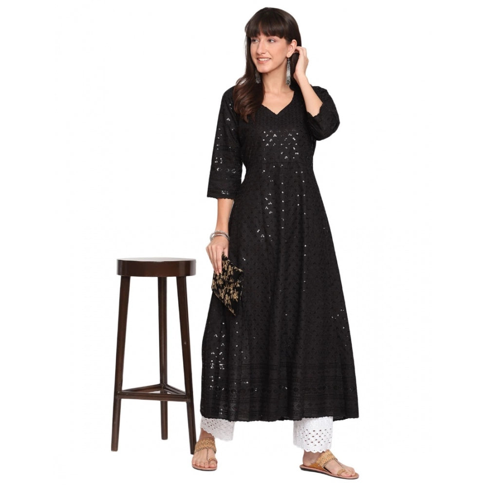 Women's Casual 3/4th Sleeve Chikan Embroidery Cotton Kurti (Black) - GillKart