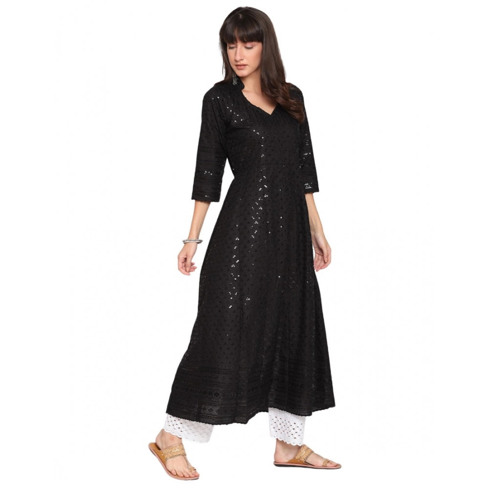 Women's Casual 3/4th Sleeve Chikan Embroidery Cotton Kurti (Black) - GillKart