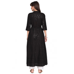 Women's Casual 3/4th Sleeve Chikan Embroidery Cotton Kurti (Black) - GillKart