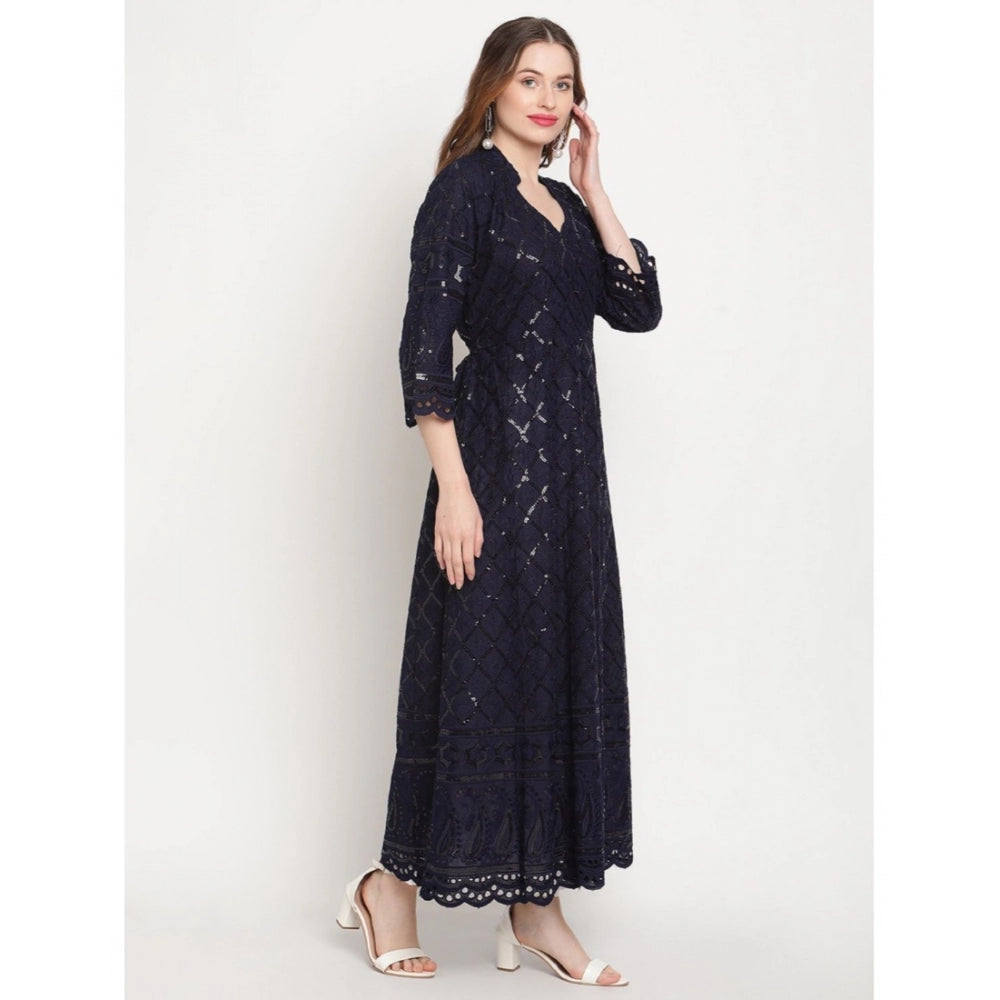 Women's Casual 3/4th Sleeve Embroidered Cotton Kurti (Navy Blue) - GillKart