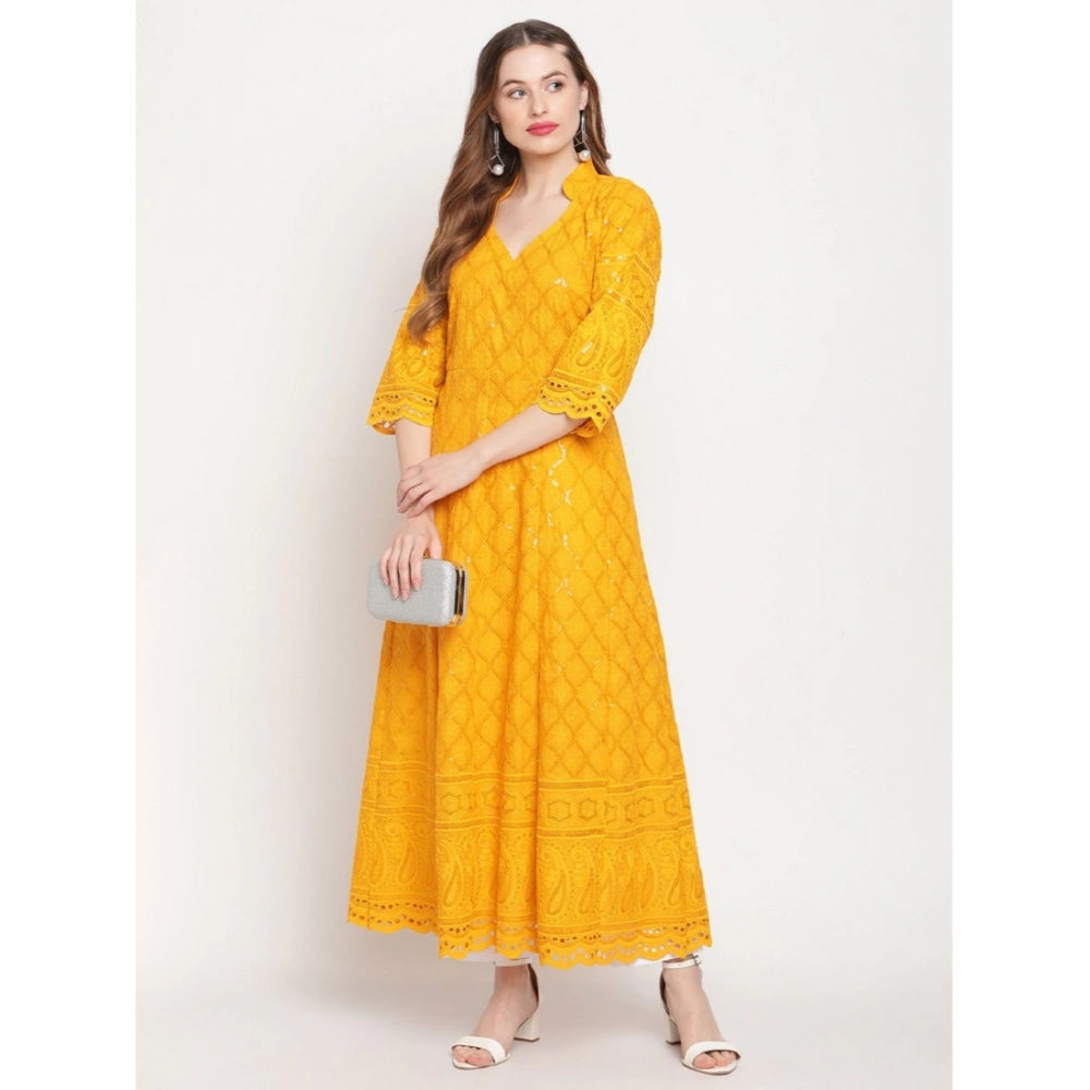 Women's Casual 3/4th Sleeve Embroidered Cotton Kurti (Mustard) - GillKart