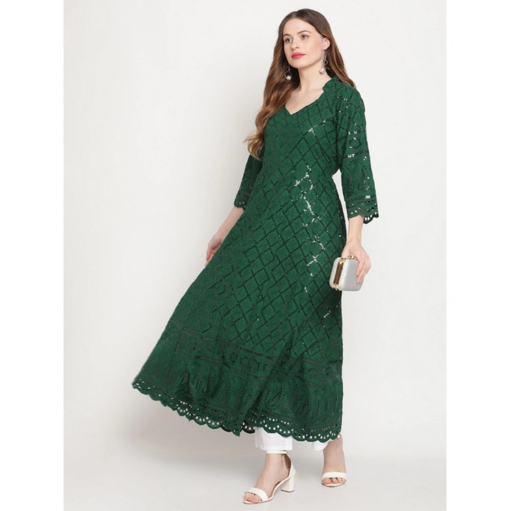 Women's Casual 3/4th Sleeve Embroidered Cotton Kurti (Dark Green) - GillKart