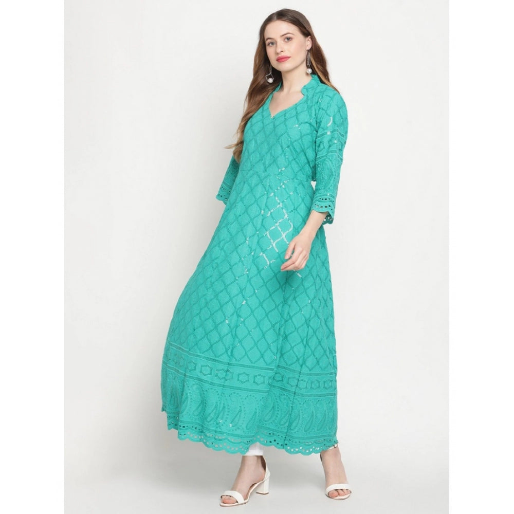 Women's Casual 3/4th Sleeve Embroidered Cotton Kurti (Blue) - GillKart