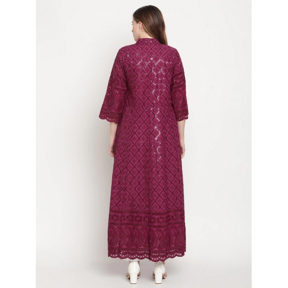 Women's Casual 3/4th Sleeve Embroidered Cotton Kurti (Purple) - GillKart