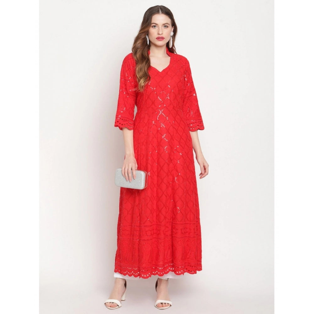 Women's Casual 3/4th Sleeve Embroidered Cotton Kurti (Red) - GillKart